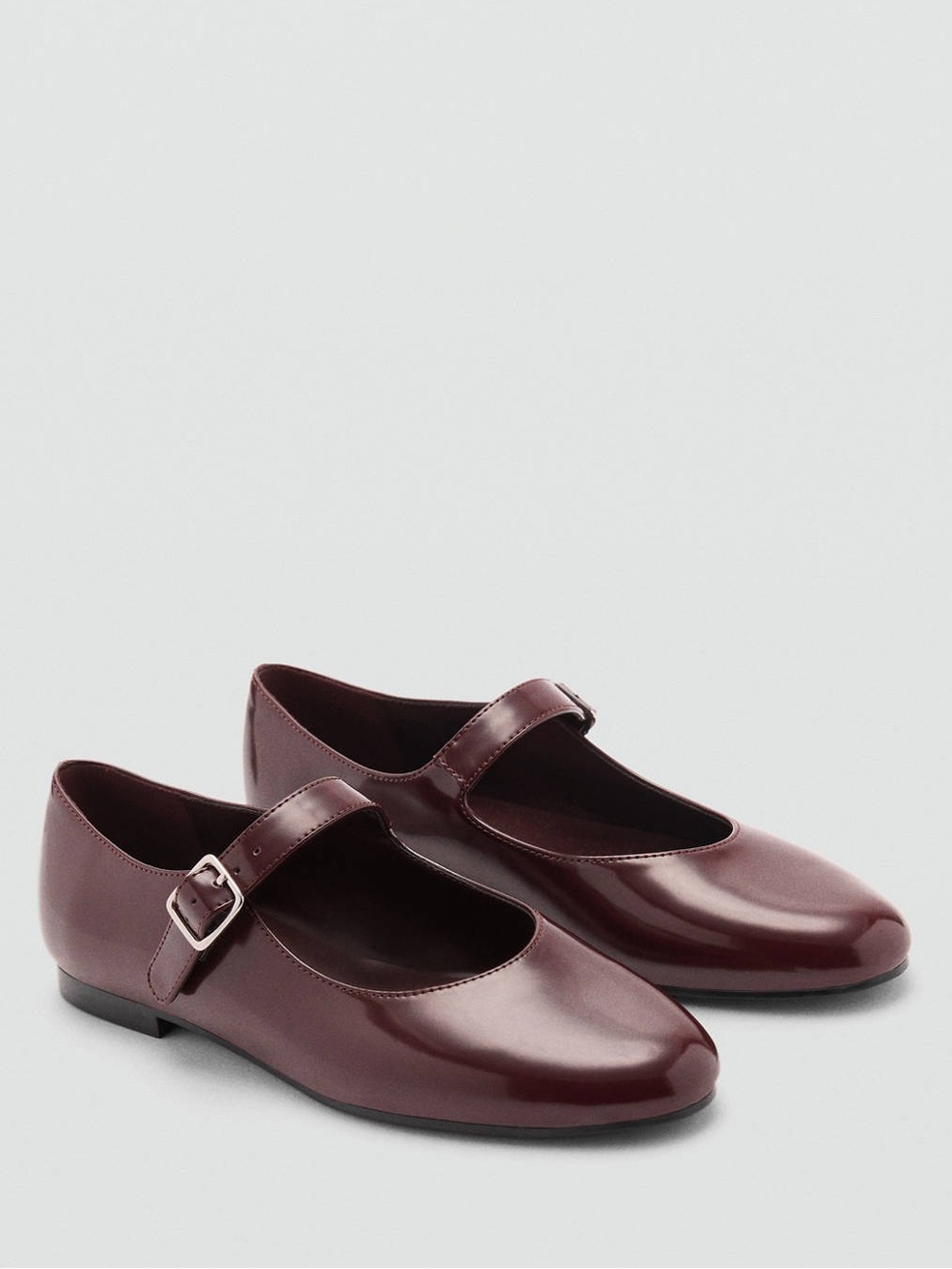 Mango Burgundy Patent Mary Jane Ballet Flats Buckle Shoes New